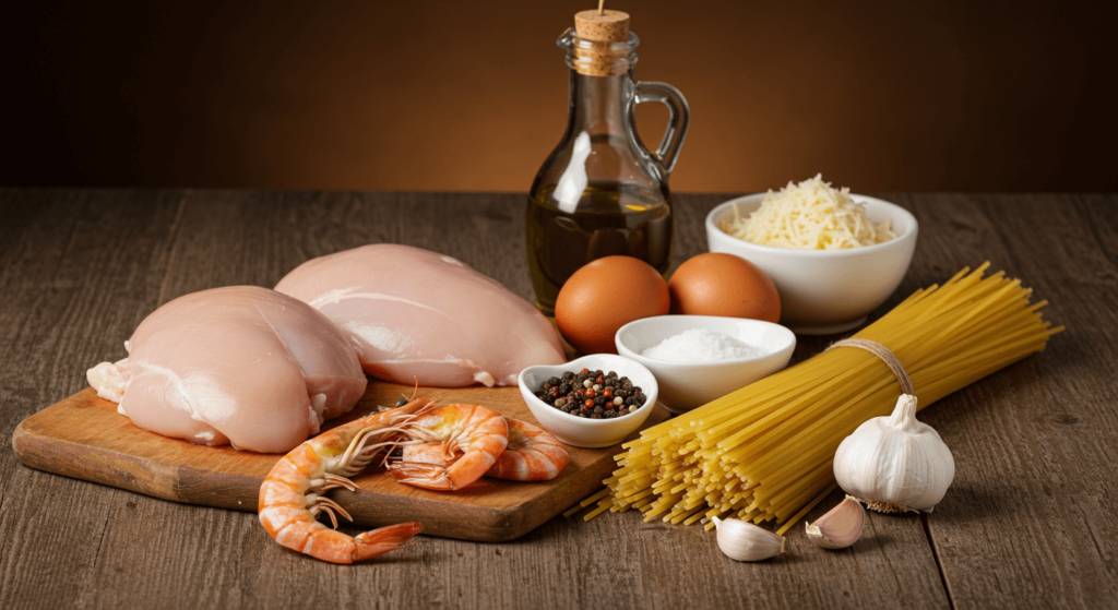 ingredients of Chicken Shrimp Carbonara